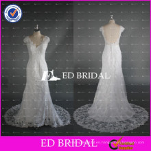 ED nupcial Sexy Backless Cap manga de la vendimia de encaje piso de longitud vestidos de boda blanco